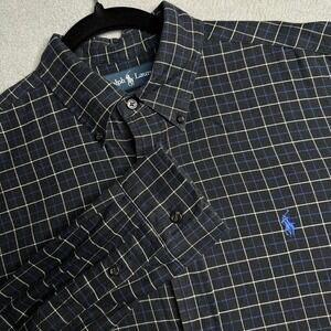 Ralph Lauren Classic Fit Mens L Button Down Shirt Black Blue Windowpane Plaid